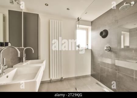 Intérieur de salle de bains élégante avec deux lavabos en céramique devant la douche avec mur carrelé dans un appartement moderne Banque D'Images
