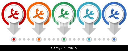 Service téléphonique, jeu d'icônes de vecteur de réparation, modèle d'infographie de conception plate, définir des icônes de concept de pointeur dans 5 options de couleur pour le webdesign et l'application mobile Illustration de Vecteur