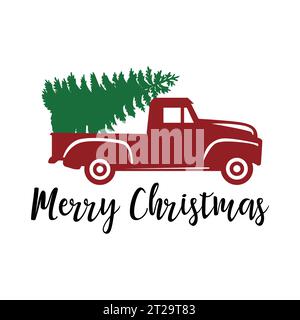 Vieux camion de Noël rouge vintage avec vecteur d'arbre de pin Illustration de Vecteur