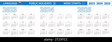 Modèle de calendrier simple en slovène pour 2023, 2024, 2025 ans. La semaine commence à partir du lundi. Illustration vectorielle. Illustration de Vecteur