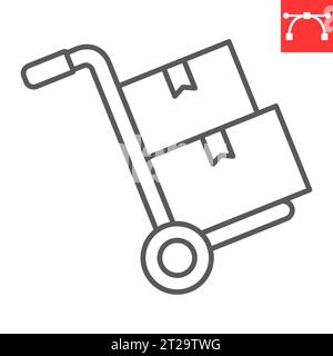 Icône de ligne de camion à main, logistique et chariot, camion à main avec icône vectorielle de boîtes en carton, graphiques vectoriels, signe de contour de trait modifiable, eps 10. Illustration de Vecteur