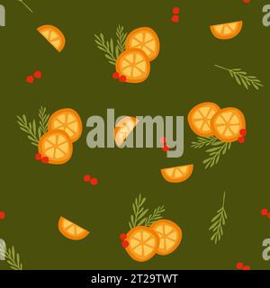 Motif sans couture Noël et bonne année. Sapin de Noël, baies rouges et mandarines. Symboles du nouvel an. Vector Flat illustration de dessin animé, vacances Illustration de Vecteur