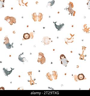 Aquarelle Seamless pour enfants avec étoiles, lune et tous les signes du zodiaque. Collection d'horoscope bébé. Parfait pour les affiches, cartes postales, textiles, packag Banque D'Images