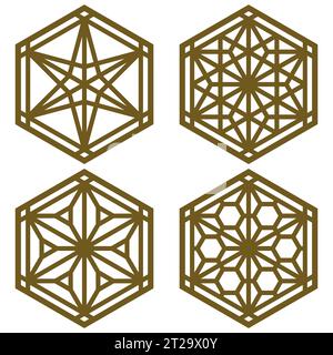 Un ensemble de quatre éléments de conception basés sur des ornements de l'artisanat traditionnel japonais Kumiko Zaiku.Brown lignes de couleur Illustration de Vecteur