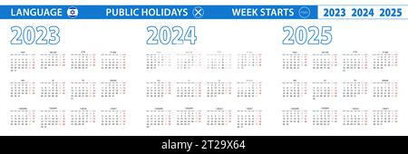 Modèle de calendrier simple en hébreu pour 2023, 2024, 2025 ans. La semaine commence à partir du lundi. Illustration vectorielle. Illustration de Vecteur