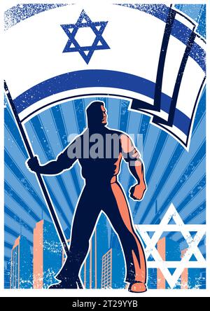 Affiche de style vintage d'homme fort tenant le drapeau israélien, placé sur fond de paysage urbain avec des tons et des textures bleues vibrantes. Illustration de Vecteur