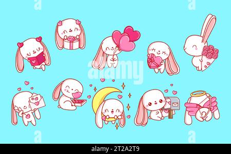 Ensemble de dessins animés Kawaii Bunny dans Love. Collection de Cute Vector isolé Baby Rabbit. Illustration de Vecteur