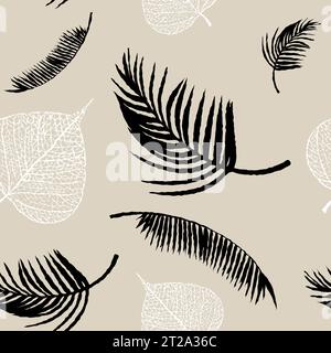 Motif Botanical sans couture, feuilles noires et blanches avec des vignes sur fond bleu vif. Illustration de Vecteur