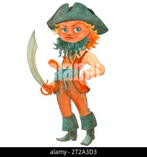 Un fier petit garçon pirate personnage avec une fausse barbe, portant un chapeau de pirate et des bottes, tenant un sabre dans sa main droite et un pistolet dans sa ceinture. Banque D'Images