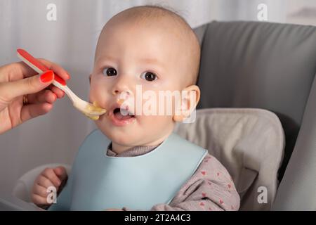 La première alimentation avec de la purée de fruits pour un bébé garçon de 6 mois. Banque D'Images