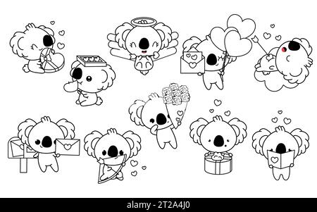 Collection de Vector Kawaii Koala Coloriage page dans l'amour. Ensemble de dessin animé isolé Baby Koala Outline Illustration de Vecteur