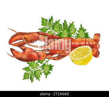 Illustration aquarelle de fruits de mer, homard rouge isolé sur fond blanc. Illustration dessinée à la main dans un style réaliste. Banque D'Images