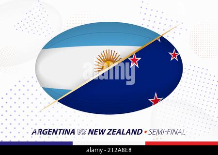 Match de demi-finale de rugby entre l'Argentine et la Nouvelle-Zélande, concept de tournoi de rugby. Drapeaux vectoriels stylisés en forme de boule ovale. Illustration de Vecteur