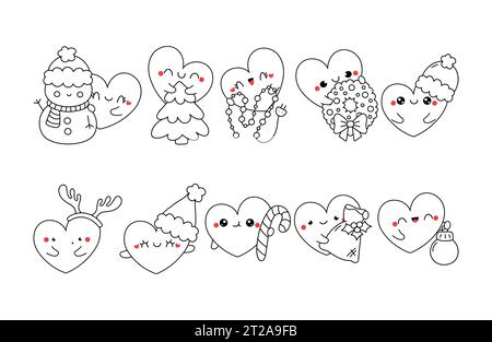 Collection de Vector Christmas Heart Outline. Ensemble de pages de coloriage de caractères de Noël isolées Illustration de Vecteur