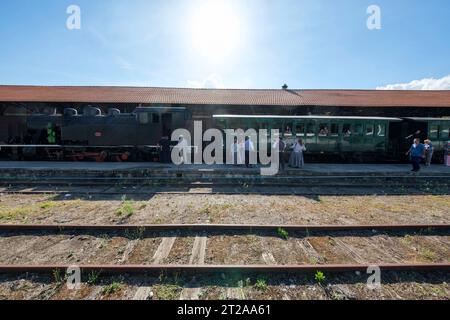 Train historique du Douro circulant entre Régua et Tua en suivant le fleuve Douro, Portugal, Europe Banque D'Images