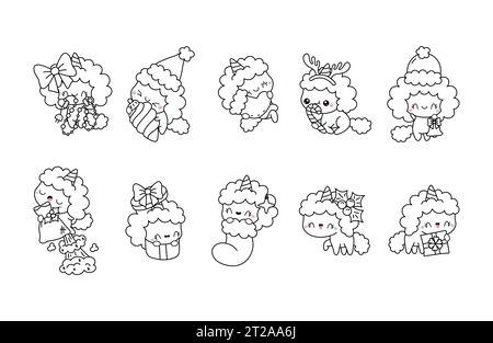 Ensemble de page de coloriage de licorne de Noël vectorielle. Collection de Kawaii Isolated New Year Animal Outline Illustration de Vecteur