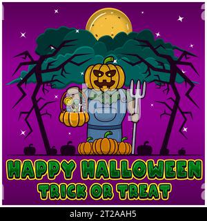 Monter Pumpkin Holding Candy. Joyeux Halloween. Friandises et friandises. Carte de voeux, invitation et affiche. Vecteurs et illustrations. Illustration de Vecteur