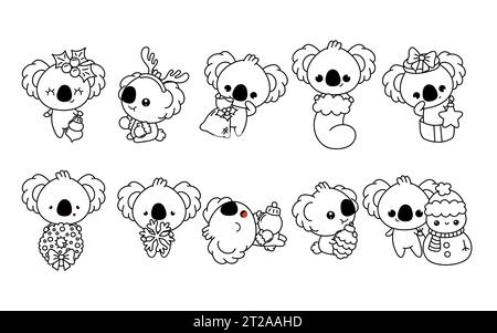 Ensemble de Kawaii Christmas Koala Bear Coloriage page. Collection de mignon Vector Christmas Animal Outline Illustration de Vecteur