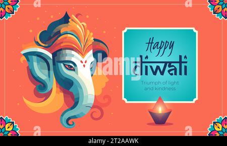 Bannière horizontale joyeuse Diwali de vacances indiennes. Deepavali Inde festival de lumières couverture. Éléphant de divinité Ganesha et lampe à huile de diya. Contexte de célébration traditionnelle hindoue. Art créatif Design moderne Illustration de Vecteur