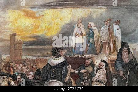 Torture des Templiers : Jacques de Molay (Molai) grand maître des Templiers et plusieurs de ses compagnons ont été accusés d'hérésie et de débauche par le roi Philippe IV - ils ont été condamnés au bûcher en 1314 Banque D'Images