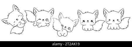 Ensemble de page de coloriage Vector Cartoon Fox. Collection de Kawaii Isolated Animal Outline pour autocollants Illustration de Vecteur