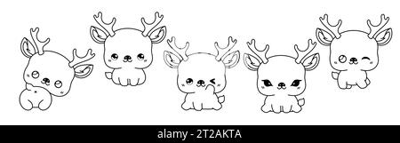 Ensemble de page de coloriage Vector Cartoon Deer. Collection de Kawaii Isolated Animal Outline pour autocollants Illustration de Vecteur