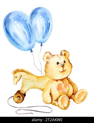 composition d'aquarelle de thème d'enfant avec ours en peluche assis, ballons à air bleu, cheval jouet en bois vintage isolé sur fond blanc, pour les enfants Banque D'Images