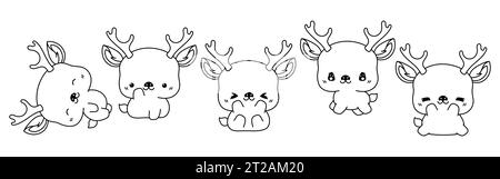 Collection de Vector Cartoon Deer Coloriage page. Ensemble de Kawaii Isolated Forest Animal Outline Illustration de Vecteur