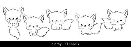 Ensemble de page de coloriage de renard isolé Kawaii. Collection de dessin animé vectoriel mignon Animal Outline Illustration de Vecteur
