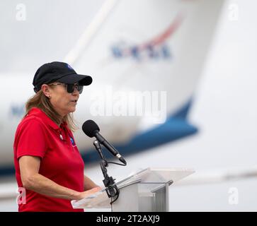 Les astronautes Jasmin Moghbeli, Andreas Mogensen, Satoshi Furukawa et Konstantin Borisov de la NASA sont arrivés au Centre spatial Kennedy le 20 août 2023 pour des activités de pré-lancement avant leur mission vers la Station spatiale internationale le 25 août. Banque D'Images