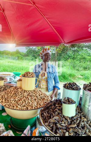 vendeur africain de rue femme vendant des vers mopane, des arachides crues et des raisins secs Banque D'Images