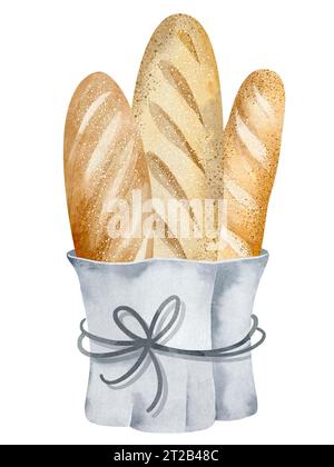 Baguette française fraîche dans l'emballage. Illustration à l'aquarelle dessinée à la main de la cuisson sur un fond blanc. Dessin pour impression, livre de cuisine, logo. Banque D'Images