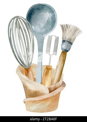 Outil de cuisine sur fond isolé. Ensemble d'ustensiles à l'aquarelle de créateur. l'illustration de l'outil de maison est dessinée à la main. Esquisse rustique d'ustensiles de maison. Banque D'Images
