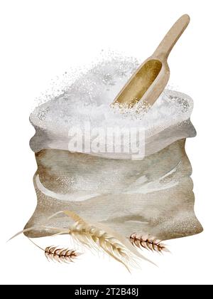 Sac de farine sur fond isolé. Illustration à l'aquarelle d'un produit de boulangerie. Dessin pour la conception de logo de boulangerie. Banque D'Images