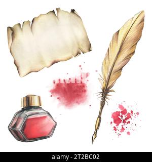 Encrier transparent en verre, bocal d'encre rouge avec couvercle doré, stylo or avec plume de plume, papier et encre pour taches. Illustration à l'aquarelle dessinée à la main. Jeu de Banque D'Images