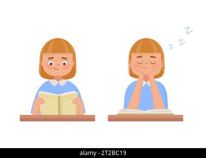 Jolie fille lire et dormir avec le livre en classe. Enfant endormi à la table d'étude. Style de dessin animé vectoriel plat Illustration de Vecteur