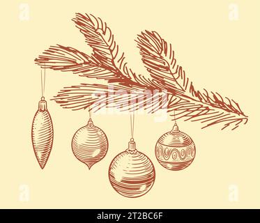 Boules de Noël accrochées à une branche de sapin. Décorations de vacances esquisse illustration vectorielle vintage Illustration de Vecteur