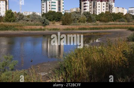 Lac sec, sol fissuré sec. Les vestiges, la dernière goutte d'eau, d'un lac marécageux presque sec dans un parc de la ville. Problèmes environnementaux, réchauffement climatique, l Banque D'Images