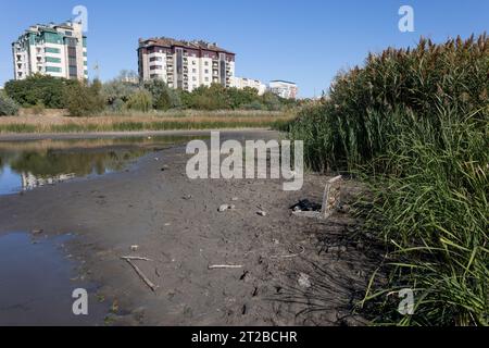 Lac sec, sol fissuré sec. Les vestiges, la dernière goutte d'eau, d'un lac marécageux presque sec dans un parc de la ville. Problèmes environnementaux, réchauffement climatique, l Banque D'Images