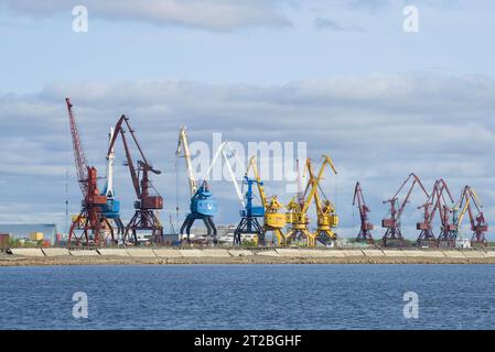 LABYTNANGI, RUSSIE - 29 AOÛT 2018 : grues portuaires d'un port de fret sur les rives de la rivière OB Banque D'Images