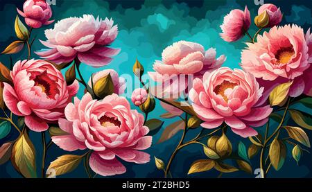 Pivoine rose fleur huile peinture couleur fond bouquet rose fleur vert pétale poster imprimé peinture fleur botanique botanique botanique art chambre décoration mur design abstrait inspiration illustration vectorielle Illustration de Vecteur