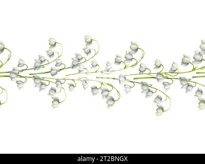 Aquarelle frontière sans couture avec le lys des fleurs de la vallée isolé sur fond blanc. Illustration peinte à la main par ressort. Pour les designers, mariage, déc Banque D'Images