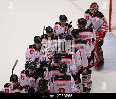 Trinec, République tchèque. 18 octobre 2023. Les joueurs des Pirates d'Aalborg sont vus après la défaite de la Ligue des Champions de hockey, match HC Ocelari Trinec vs Pirates d'Aalborg, à Trinec, République tchèque, le 18 octobre 2023. Crédit : Jaroslav Ozana/CTK photo/Alamy Live News Banque D'Images