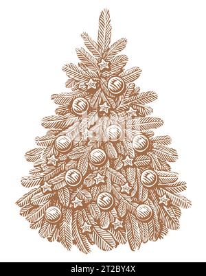 Sapin dessiné à la main décoré avec des lumières et des boules dans un style rétro. Joyeux Noël et bonne année Illustration de Vecteur