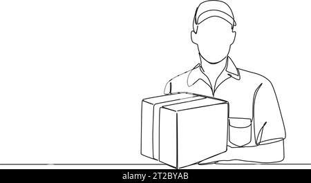 dessin au trait unique continu de la personne de livraison de colis détenant le colis, illustration vectorielle de dessin au trait Illustration de Vecteur