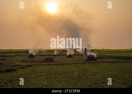 Incinération des déchets agricoles - smog et pollution. Émissions nocives provenant de la combustion du foin et de la paille dans les champs agricoles. Chandpur, Bangladesh Banque D'Images