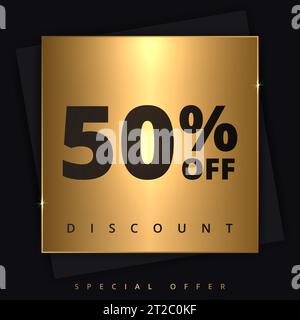 50 rabais sur la bannière de réduction. Promotion spéciale 50 % de réduction. Offre de remise. Bannière de promotion de luxe cinquante pour cent de réduction dans le carré d'or et Illustration de Vecteur