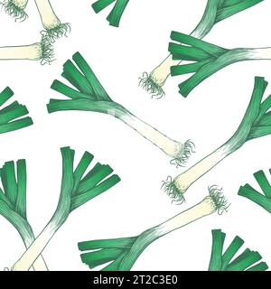 Motif vectoriel poireau vert, style de gravure. Design pour papiers peints, textiles, papier, cafés et restaurants. Oignons, herbes, épices aromatiques d'Italie, Illustration de Vecteur