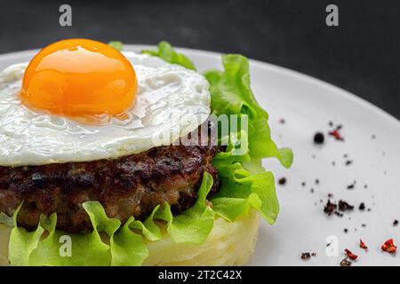 Beefsteak avec œuf, laitue, épices et purée de pommes de terre sur fond sombre Banque D'Images