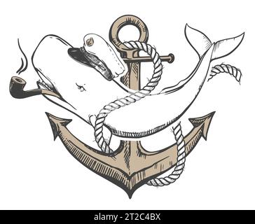 Cachalot blanc dans une casquette capitaine et avec une pipe à fumer dans la bouche. Une illustration créative d'une baleine enchevêtrée avec une corde à l'ancre. Old School Illustration de Vecteur